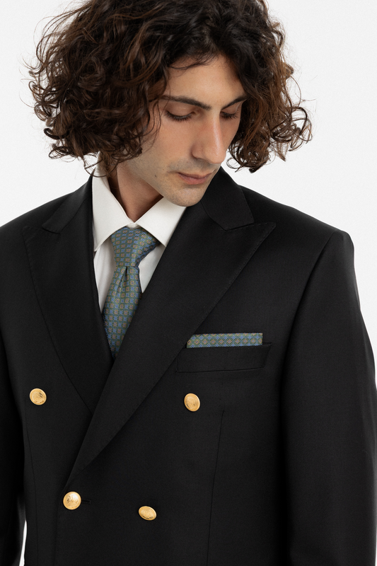 Black Double-Breasted Suit with Gold Buttons