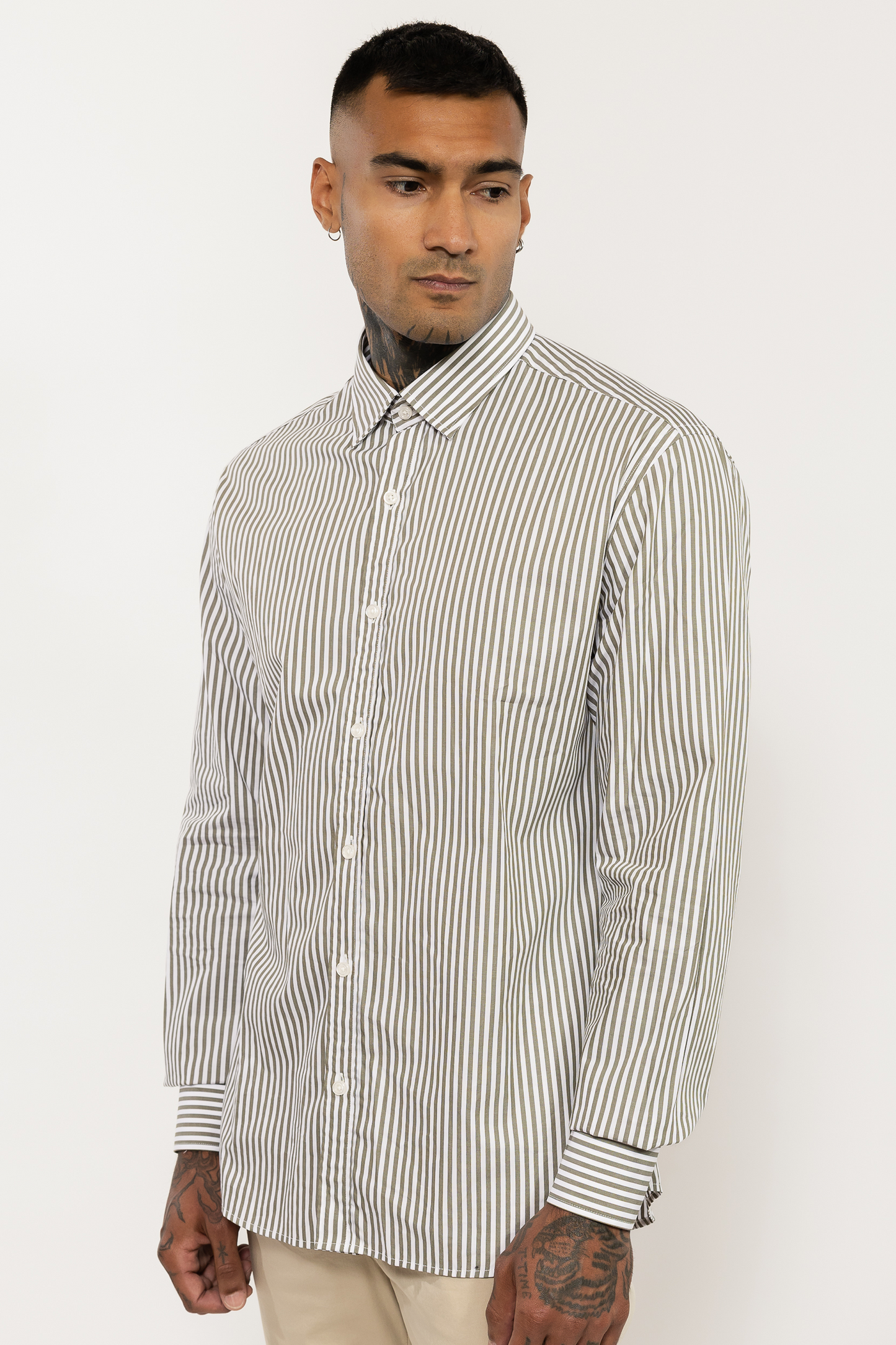 Khaki Green Striped Cotton Shirt