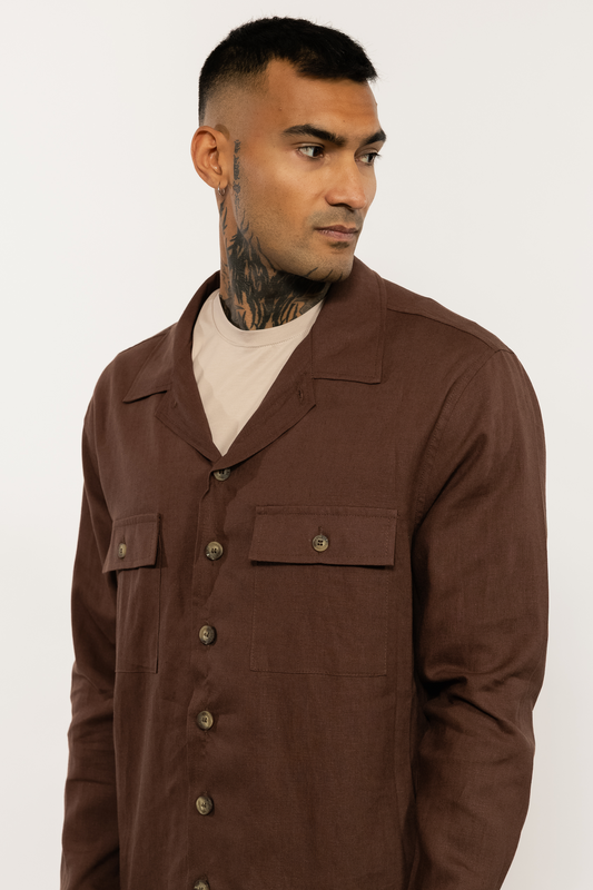Brown Linen Blend Overshirt