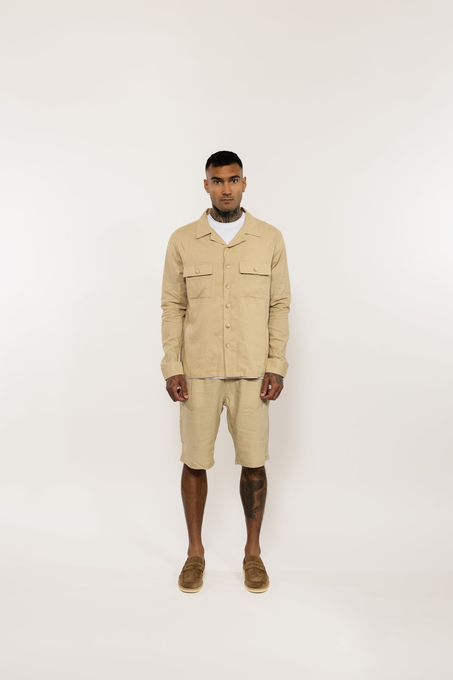 Beige Relaxed Linen Blend Shorts