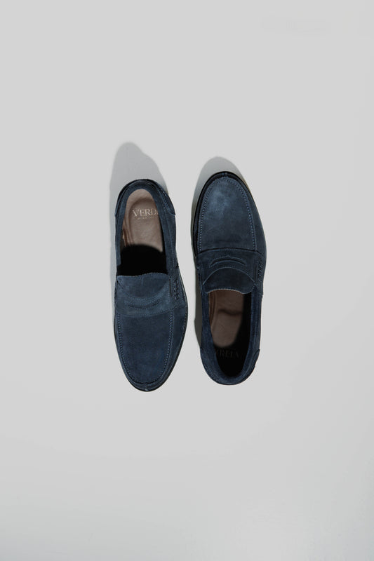 Blue Suede Penny Loafers