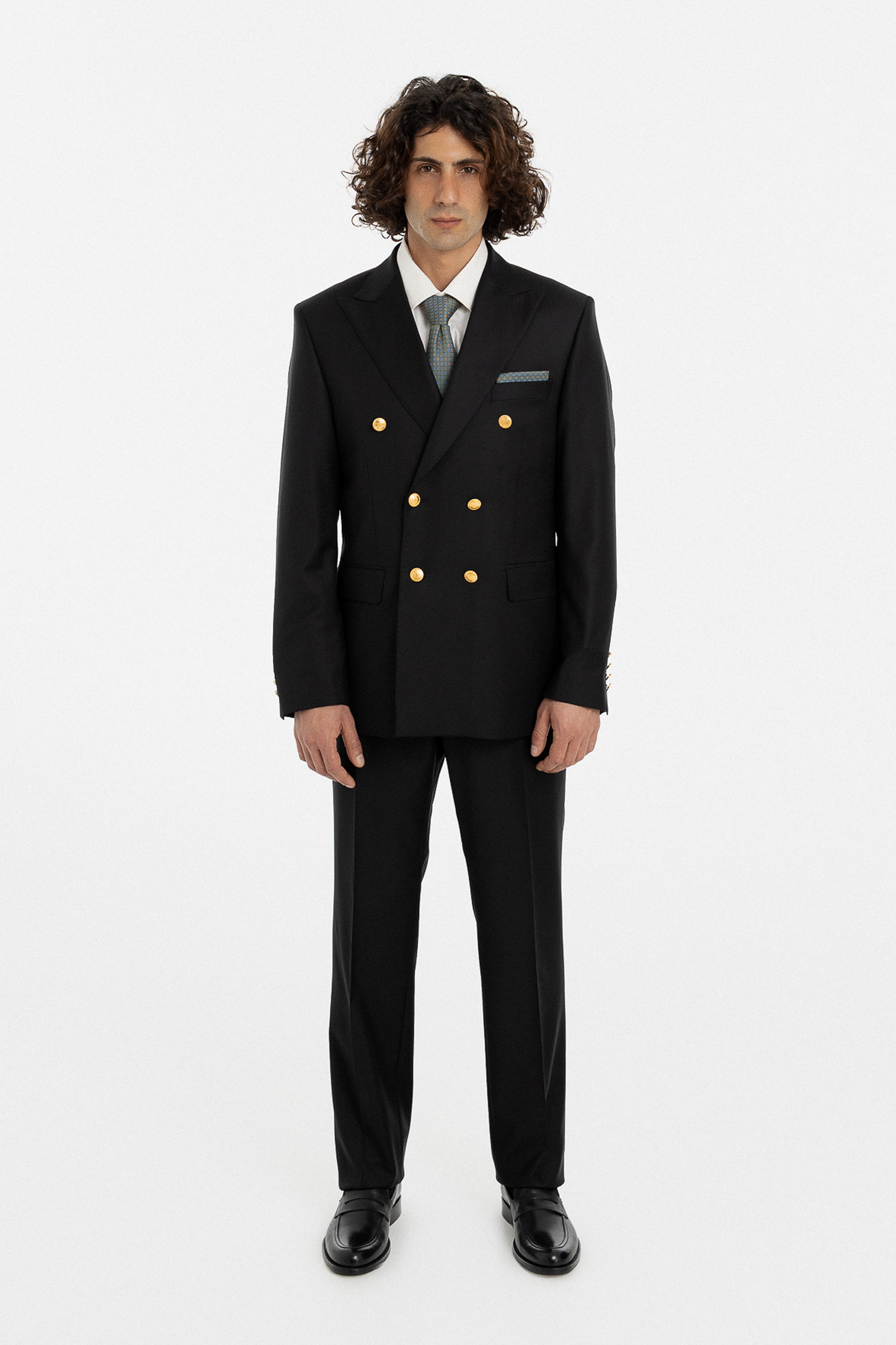 Black Double-Breasted Suit with Gold Buttons