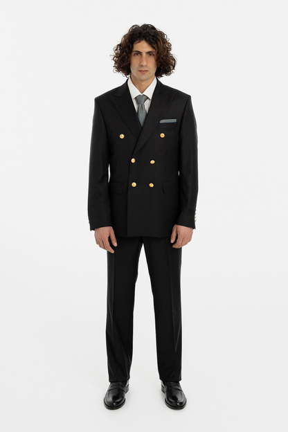 Black Double-Breasted Suit with Gold Buttons