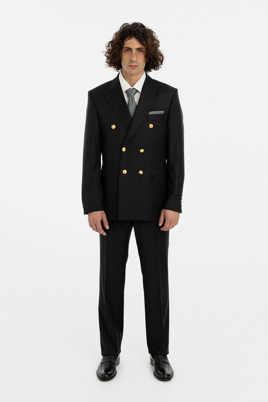 Black Double-Breasted Suit with Gold Buttons