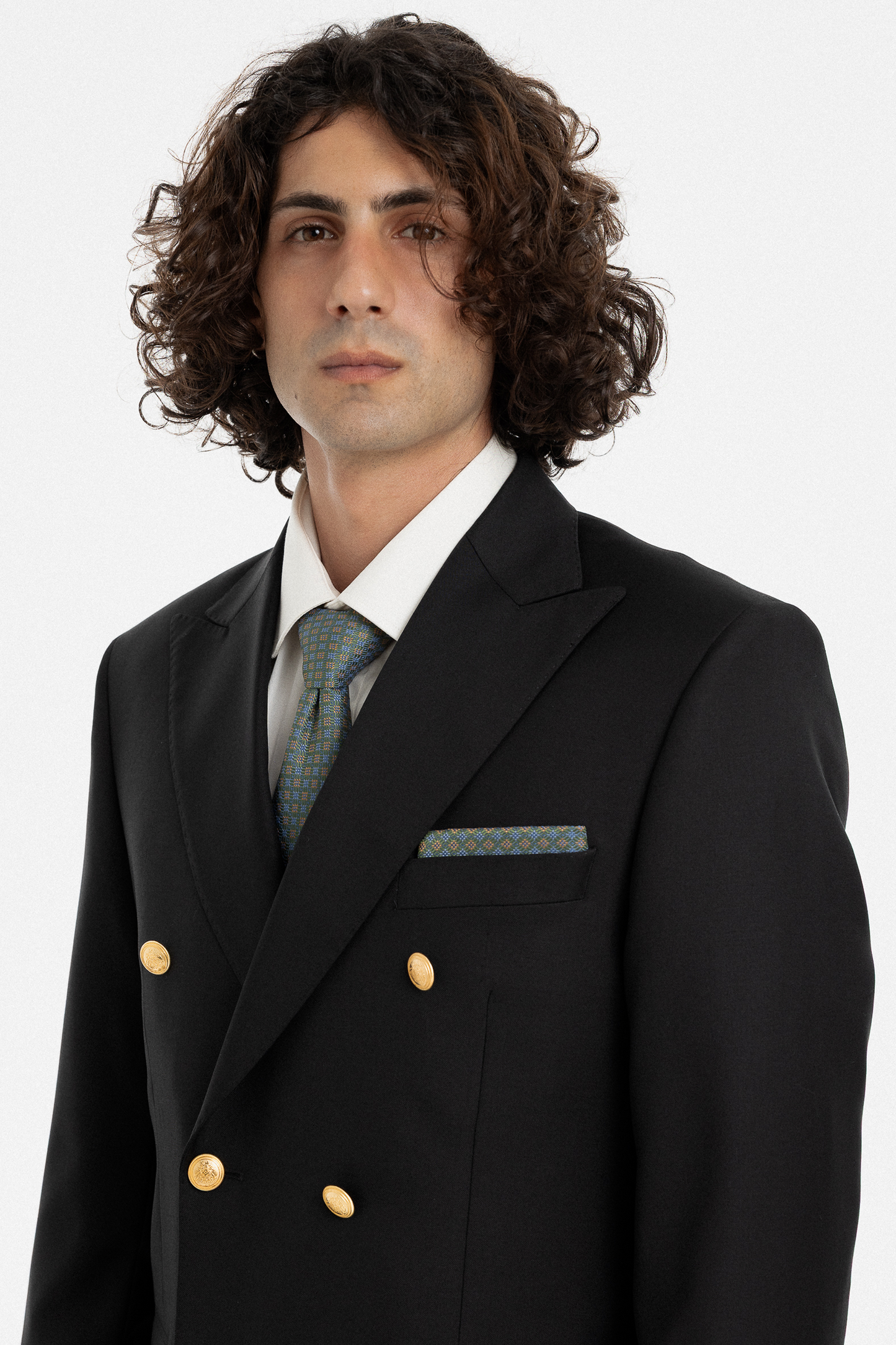 Black Double-Breasted Suit with Gold Buttons