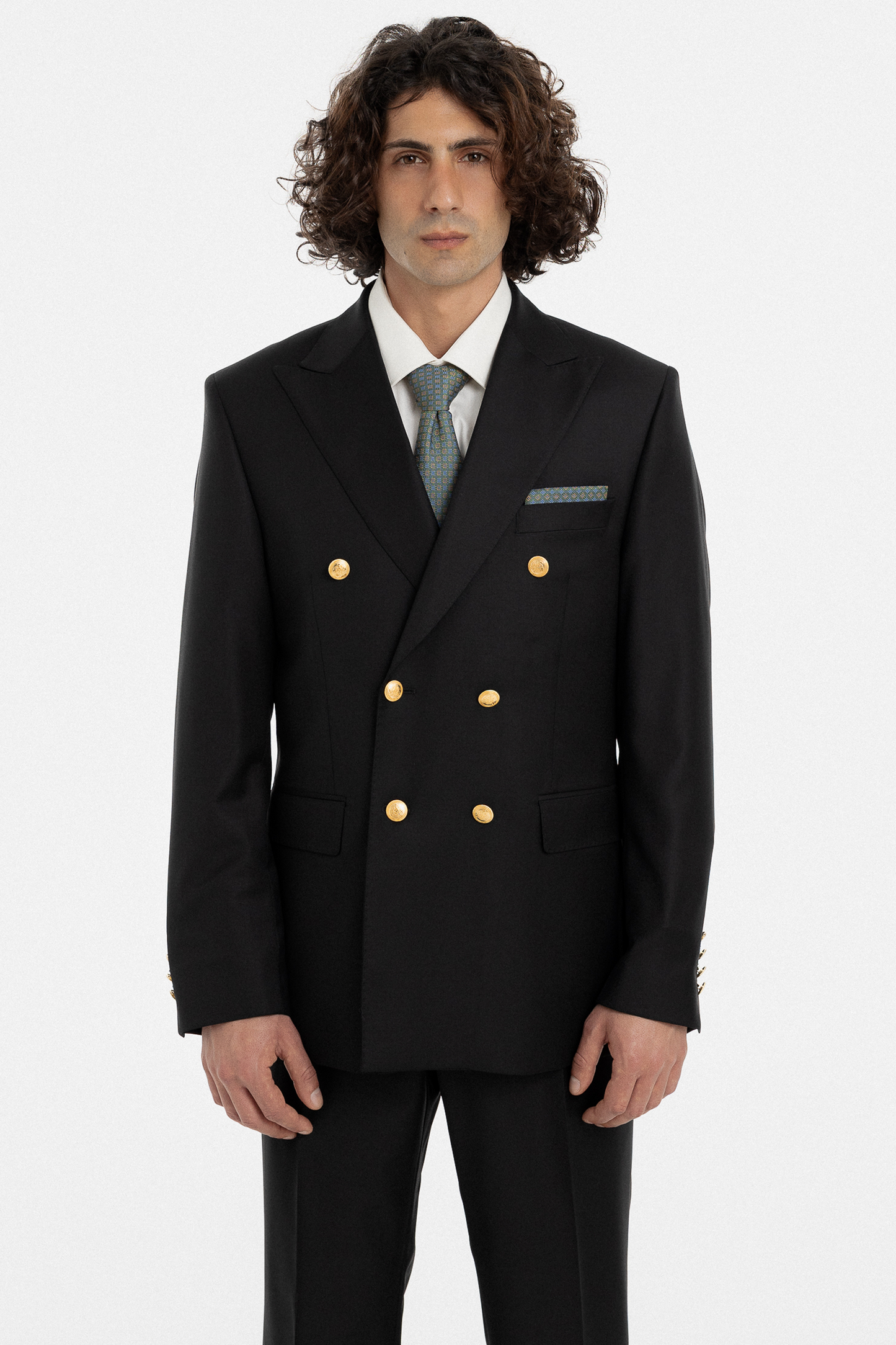 Black Double-Breasted Suit with Gold Buttons