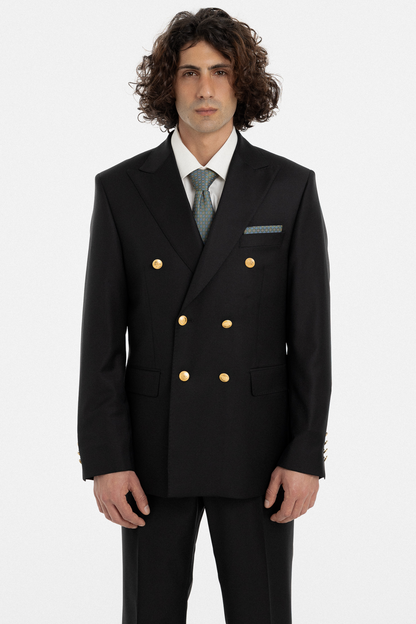 Black Double-Breasted Suit with Gold Buttons