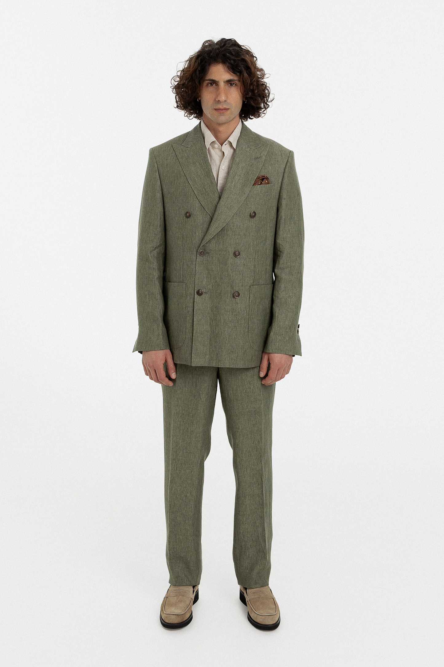 Olive Linen Double-Breasted Suit