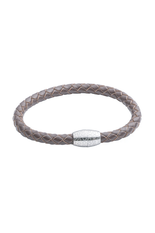 Grey Braided Leather Bracelet with Stainless Steel Clasp
