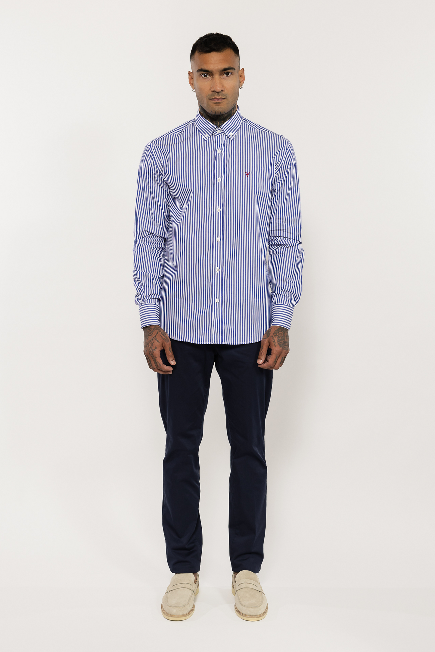 Blue Striped Cotton Shirt with Embroidered Logo