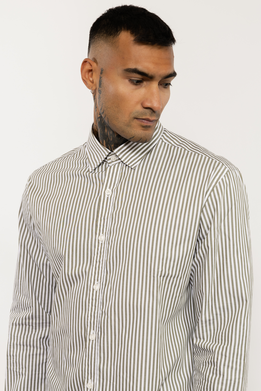 Khaki Green Striped Cotton Shirt