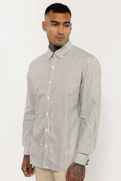 Khaki Green Striped Cotton Shirt