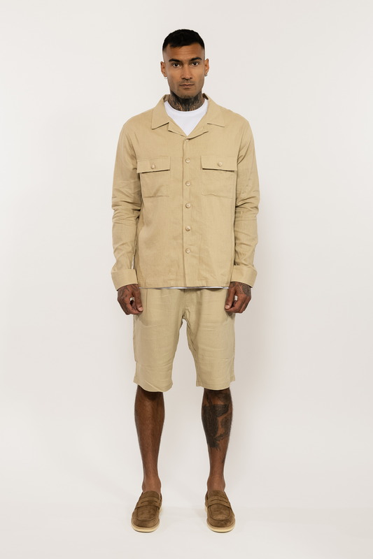 Beige Relaxed Linen Blend Shorts