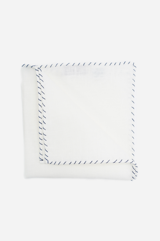 White Linen Scarf with Navy Hand-Rolled Edge
