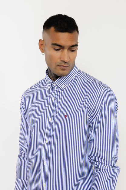 Blue Striped Cotton Shirt with Embroidered Logo