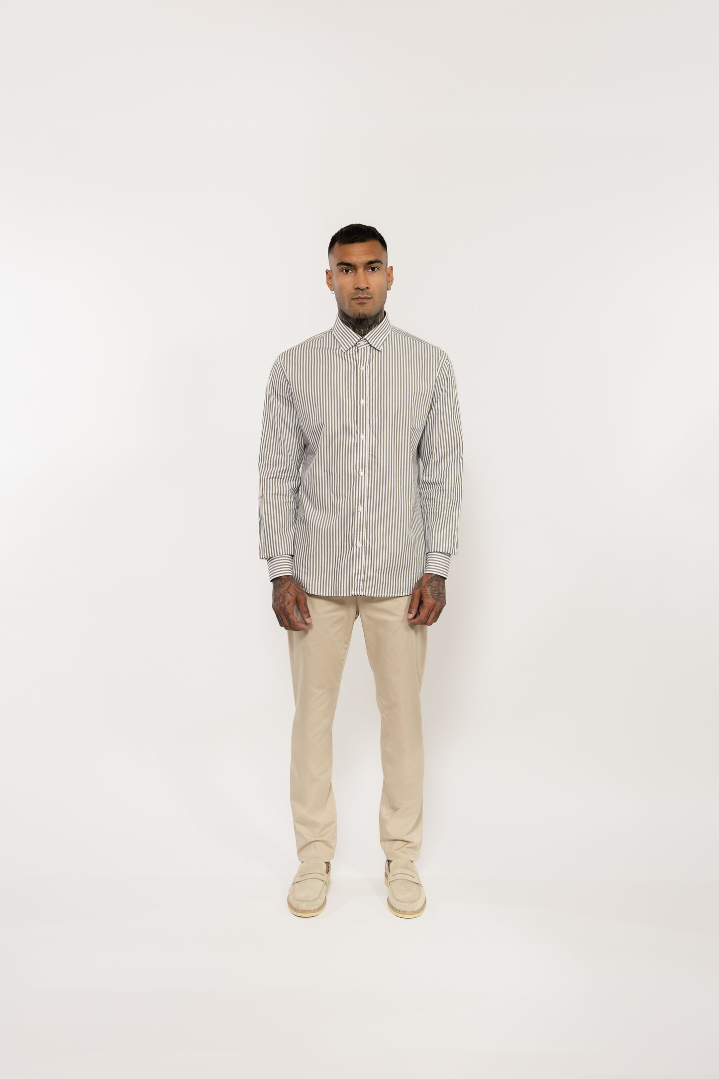Khaki Green Striped Cotton Shirt