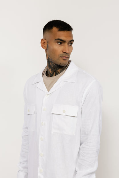 White Linen Blend Overshirt