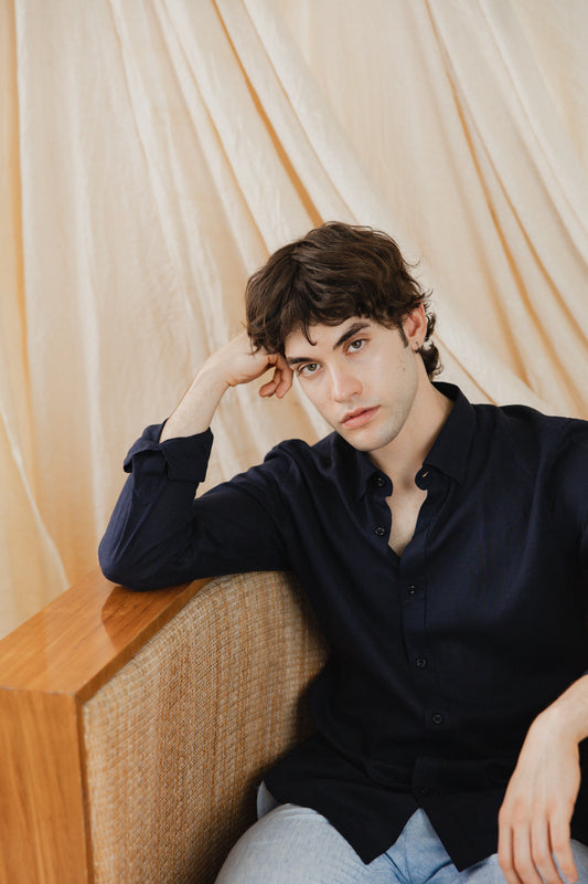 Navy Blue Linen Shirt
