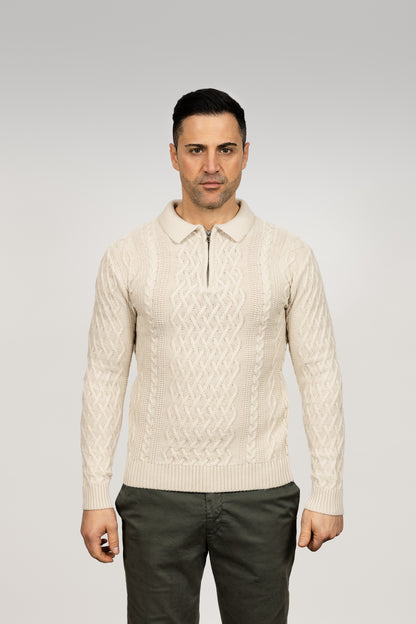 Cream Cable Knit Zip-Neck Sweater