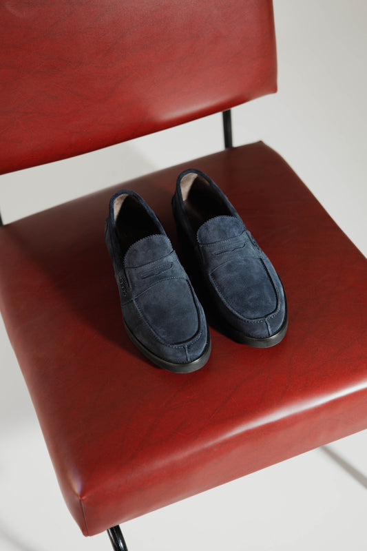 Blue Suede Penny Loafers